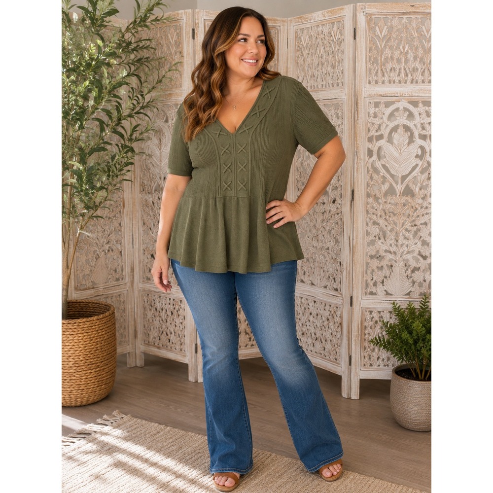 Lane Bryant Womens Sage Green Ribbed V-Neck Peplum Knit Top Plus Size 26/28 NEW
